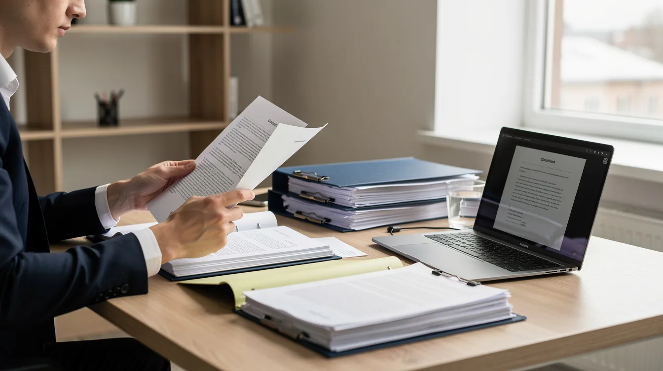 A professional is seated at a desk, meticulously reviewing documents and records related to truck accident claims, with a laptop and various files organized around them. This scene highlights the diligent work of a truck accident lawyer in Colorado Springs, focusing on securing fair compensation for truck accident victims.