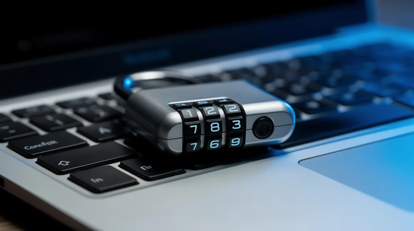 Un gros plan montre un cadenas numérique reposant sur un clavier d'ordinateur portable, éclairé par une lumière bleue. Cette image évoque des thèmes de sécurité et de gestion, potentiellement liés à un logiciel de location de véhicules ou à un système de réservation en ligne.