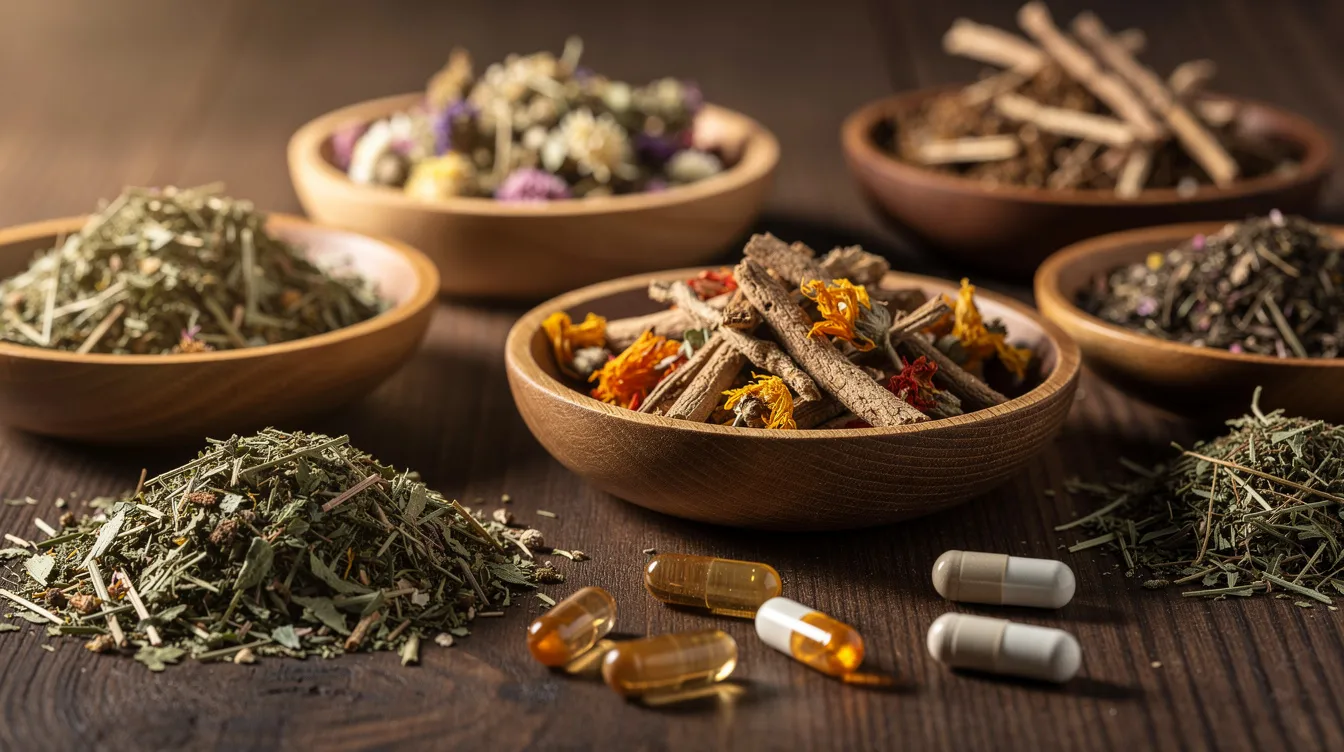 A close-up view of dried herbal ingredients, including schisandra berry and he shou wu, alongside supplement capsules, is displayed on a dark wooden table. This arrangement highlights natural products that may support male health, testosterone levels, and overall well-being.