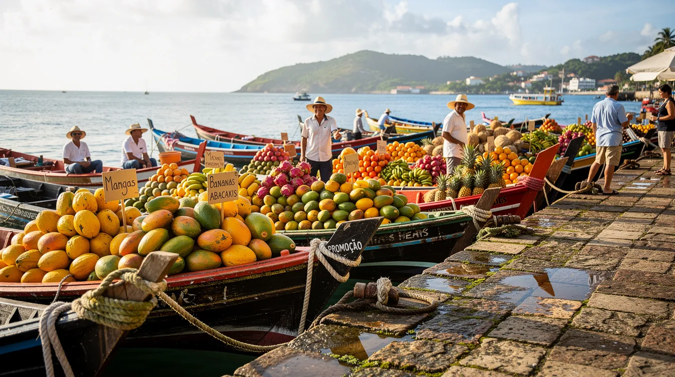 Imagem de um mercado ao ar livre em Curaçao, onde frutas tropicais coloridas estão expostas em barcos atracados em um cais de pedra. Ao fundo, pode-se ver o azul turquesa do mar do Caribe, criando um cenário vibrante e tropical.