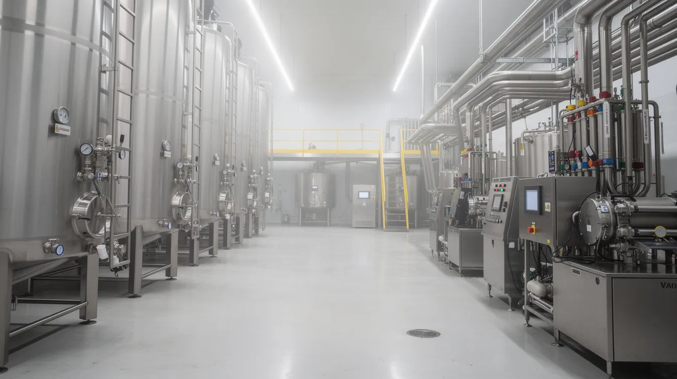 2fdab52a ae98 4d3c 9e2f c1623ef33572 The image depicts the interior of a modern stainless steel dairy processing facility, featuring large milk storage silos and advanced pasteurization equipment. This environment is crucial for optimizing milk production and ensuring the profitability of dairy operations, while also allowing for effective analysis of breakeven costs and milk prices.