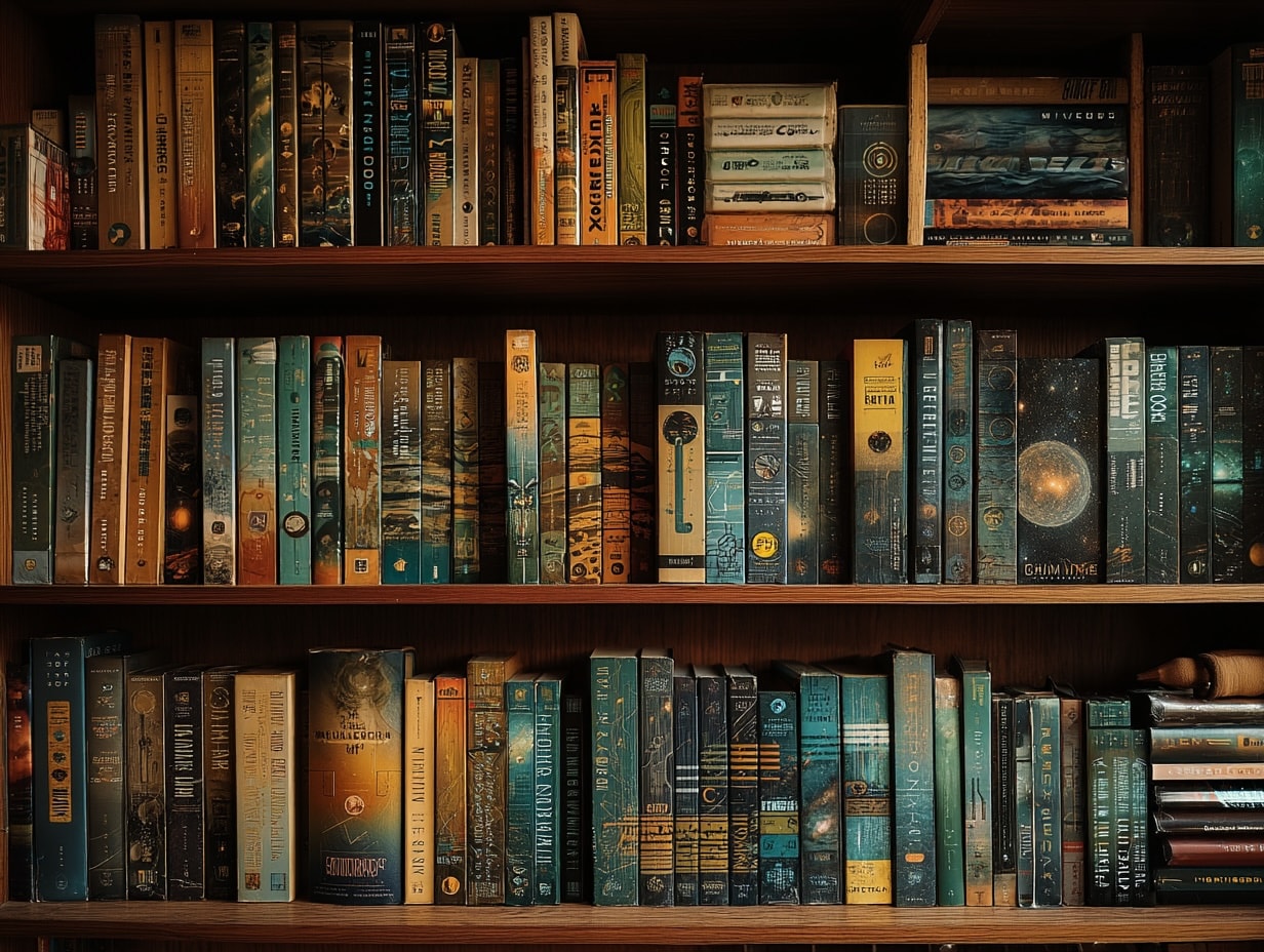 A collection of the best sci fi books displayed on a shelf.