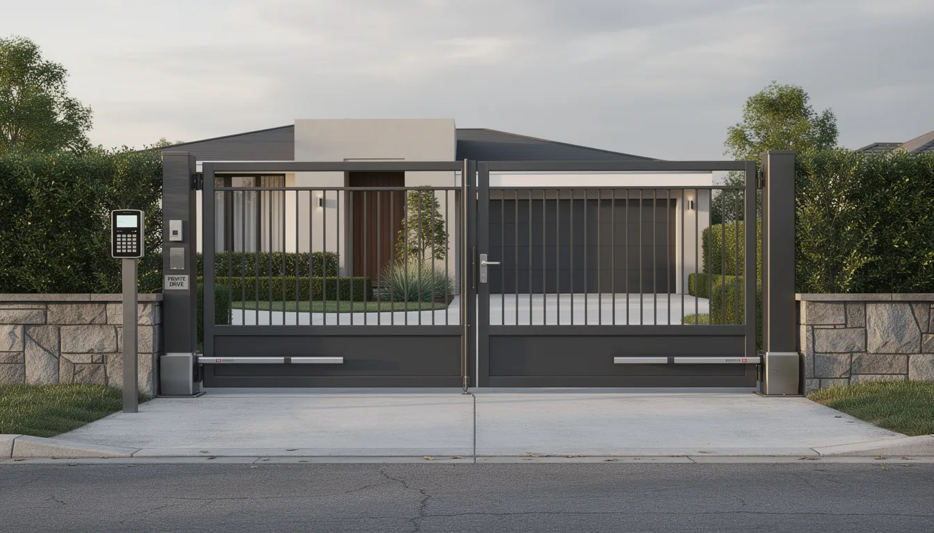 The image features a heavy-duty steel security gate installed at the entrance of a residential driveway, providing a robust physical barrier for enhanced security. This gate, unlike wooden gates, offers superior durability and minimal maintenance, making it an ideal choice for both residential and commercial properties in Wellington.