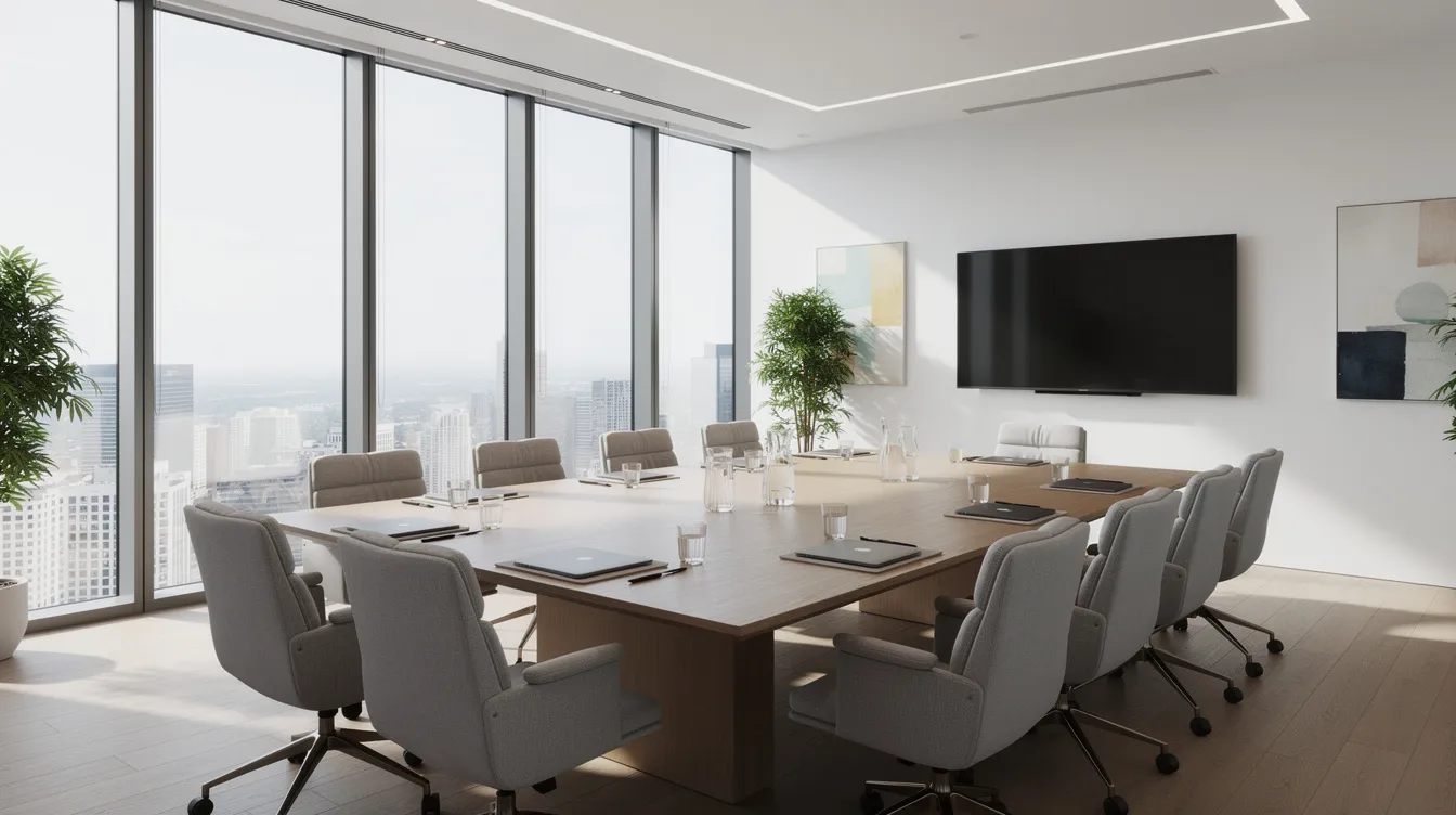 The image depicts a professional office meeting room designed for mediation sessions, featuring comfortable chairs arranged around a conference table, with ample natural light streaming in. This collaborative environment is ideal for family law matters, providing a space for honest communication and guided discussions to resolve disputes effectively.