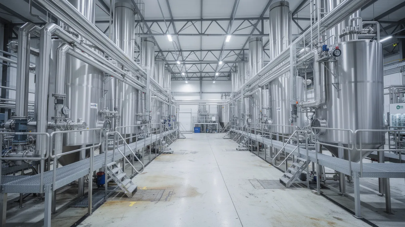 2fe29541 c245 47f2 90b3 495d4a53038a The image depicts the interior of a solvent extraction plant, showcasing large stainless steel extraction equipment and extensive piping systems, with walkways connecting various processing units. This industrial facility is designed for efficient oil extraction and solvent recovery, essential for edible oil production.