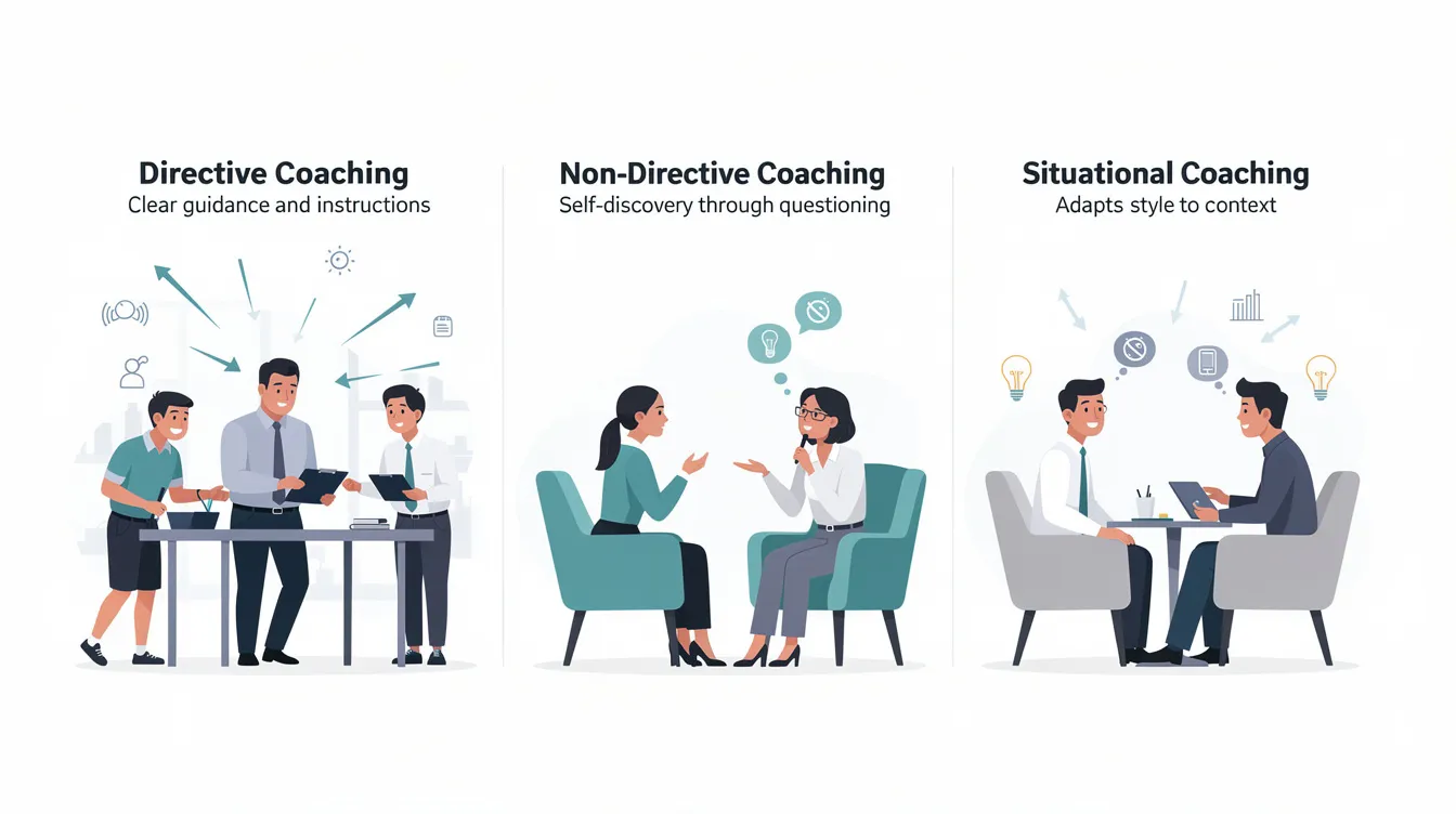 The image illustrates the three main coaching styles: directive, non-directive, and situational coaching. Each style is represented with icons and brief descriptions, highlighting their unique approaches to fostering personal growth and professional development through effective coaching techniques.