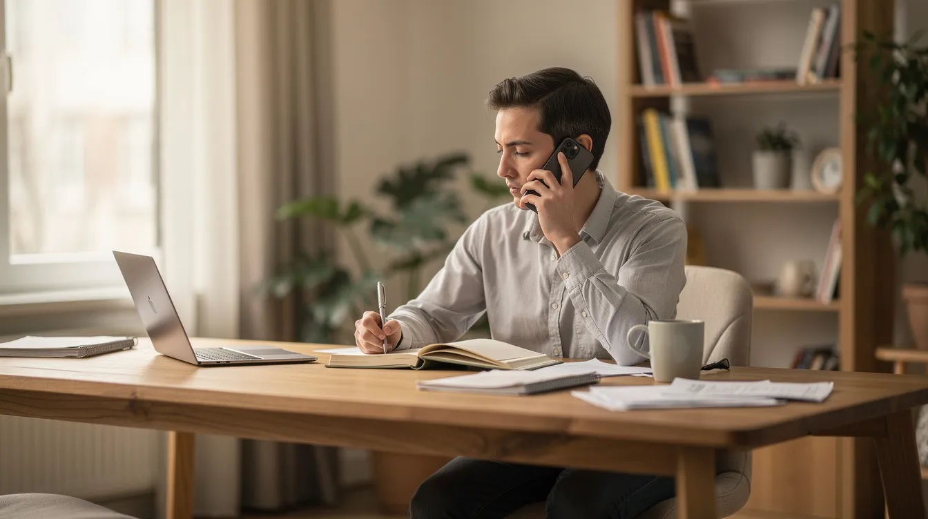 A person is seated at a desk in a home office, taking notes on a notepad while engaged in a phone call, likely discussing behavioral health services or online therapy options. The setting suggests a supportive environment for mental health discussions, emphasizing personal growth and meaningful progress.
