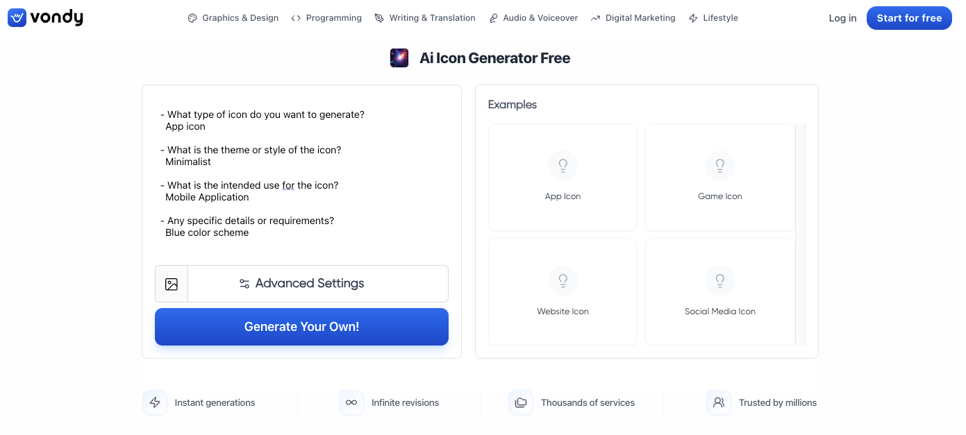 Vondy AI icon generator interface showing customizable icon prompt fields and generation options for app and web icons.