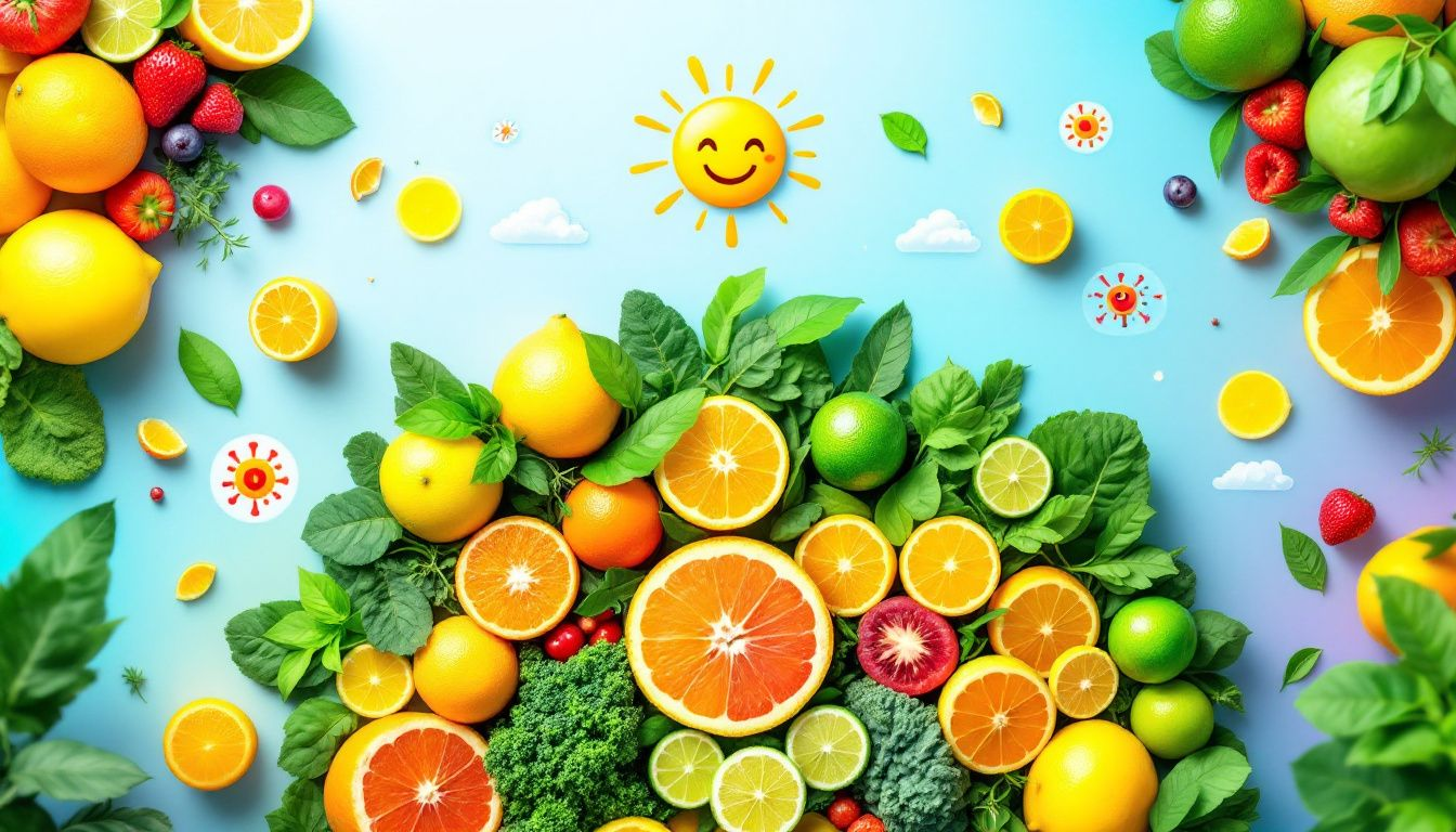 A colorful assortment of nutritious foods like citrus fruits and leafy greens, which are essential for a healthy immune system.