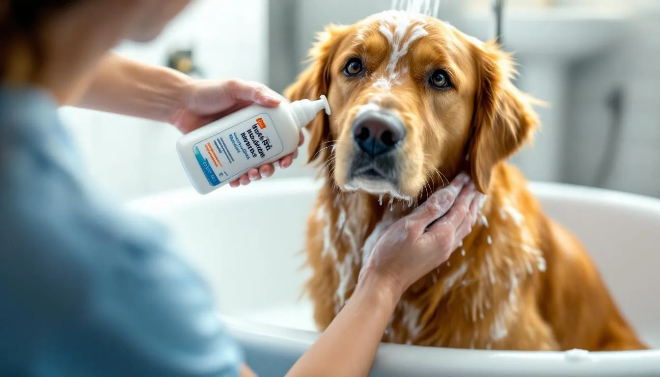 A dog is being bathed with medicated shampoo, demonstrating the proper application technique to treat skin conditions such as seborrhea in dogs. The focus is on gently massaging the shampoo into the dog