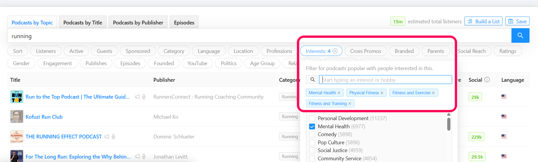Here's what comes up with a topic of 'running' and interest filters of mental health, physical fitness, fitness & exercise and fitness & training