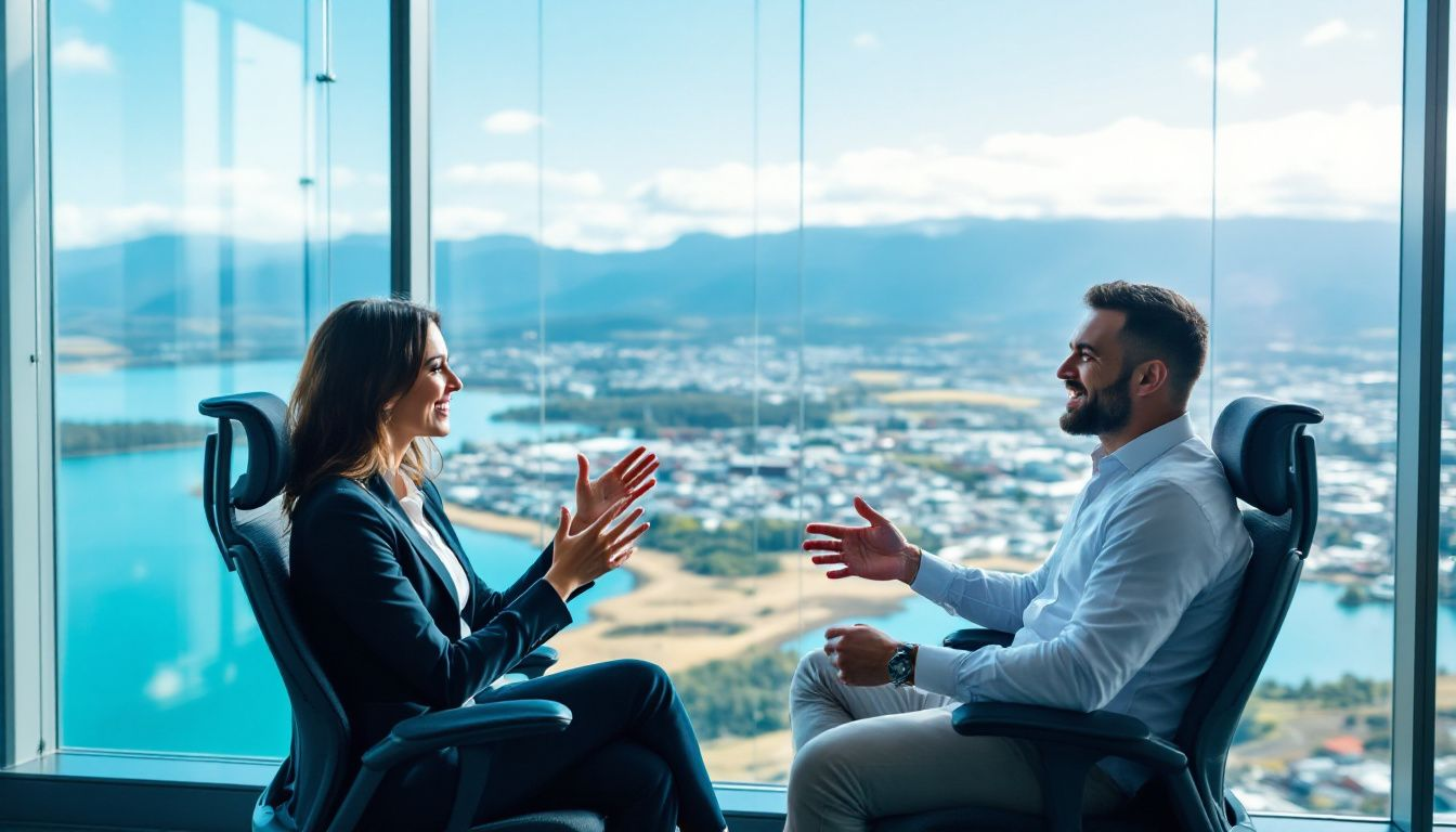 A satisfied client discussing SEO results with an agency representative in Rotorua.