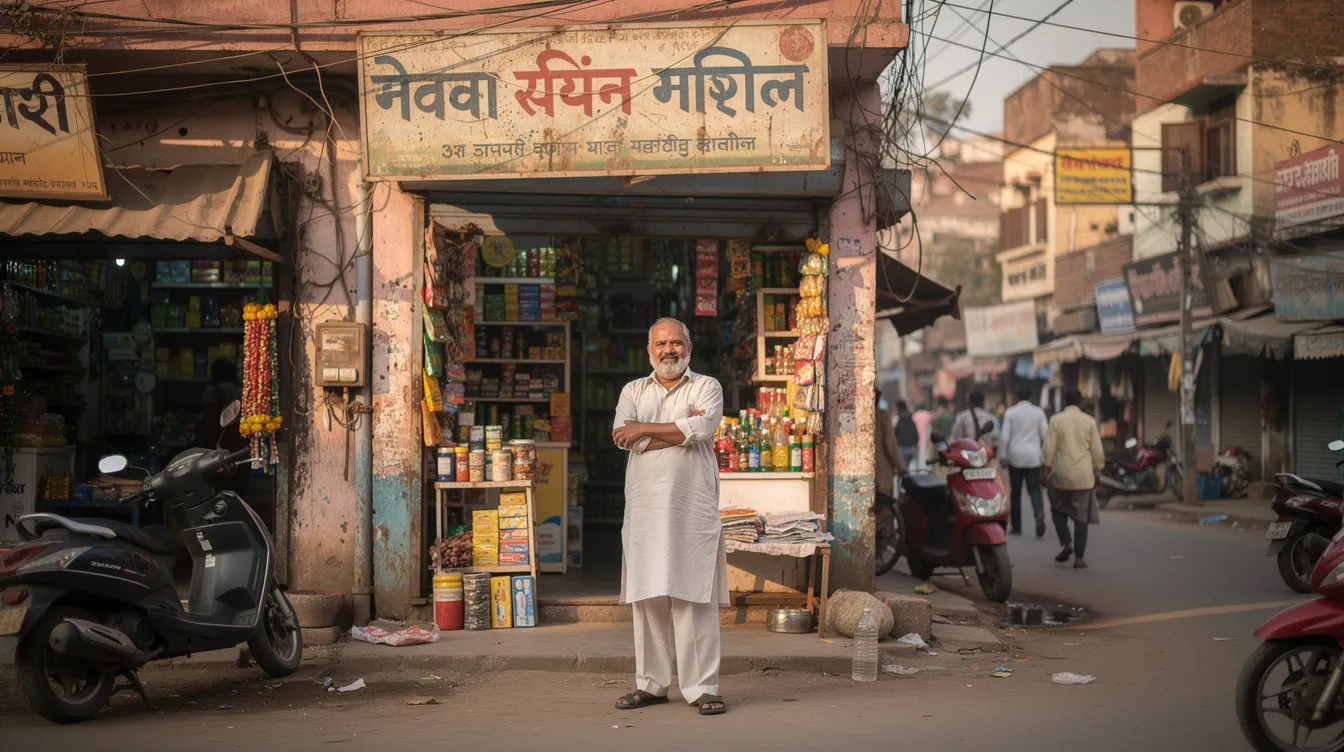 2fec76ac 24fa 4646 9088 912628872b8b A small business owner stands proudly outside their modest retail shop in India, showcasing their entrepreneurial spirit. This beneficiary micro unit entrepreneur is a symbol of growth development and funding, potentially eligible for mudra loans to support their business plan and financial assistance needs.