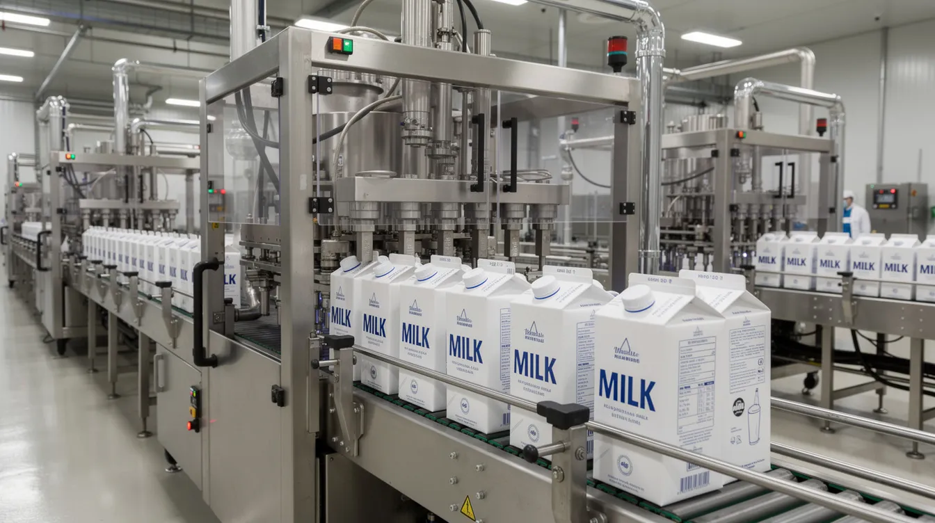 2fef19c2 8c49 4d03 bb3e 850cd6c52819 The image depicts industrial aseptic milk carton filling machines efficiently operating on a production line within a dairy processing plant. These advanced machines are designed for UHT milk production, ensuring high quality and extended shelf life for various dairy products.