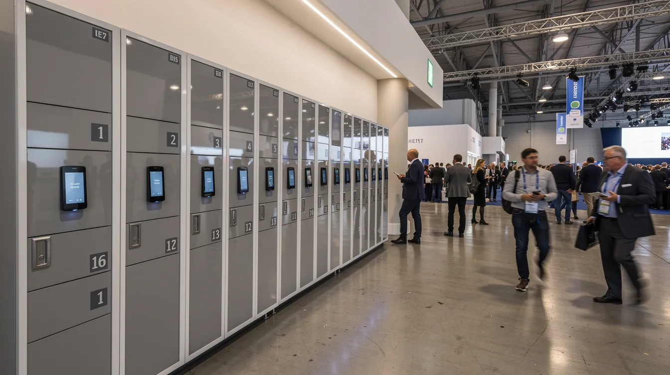 The image shows a row of locker-style phone charging stations set up in a spacious indoor event venue, with attendees walking past, highlighting the importance of reliable charging solutions for mobile devices during afternoon and evening events. The charging stations feature built-in cables, allowing attendees to easily charge their cell phones while engaging with the event.