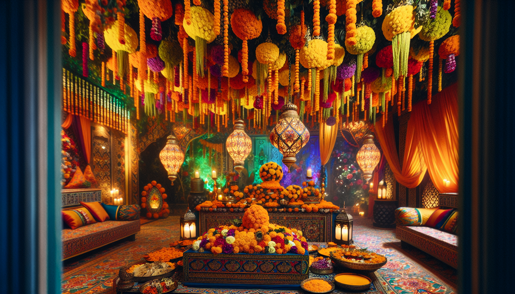 Colorful Indian-themed decor creating a vibrant atmosphere for the event