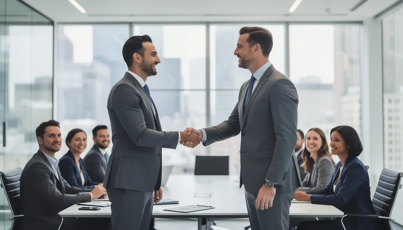 Na zdjęciu widać dwóch biznesmenów uściszczających sobie dłonie w nowoczesnym biurze, co symbolizuje nawiązywanie dobrych relacji biznesowych. W tle znajdują się eleganckie meble biurowe, a cała scena podkreśla profesjonalizm i stabilność finansową, co jest istotne w kontekście terminowego regulowania zobowiązań i korzystania z usług faktoringowych.