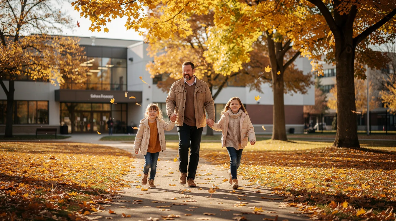 A family strolls through a park blanketed with vibrant autumn leaves, with a modern school building from the Greater Saskatoon Catholic Schools visible in the background, highlighting the community's blend of outdoor living and educational opportunities in this Canadian city.