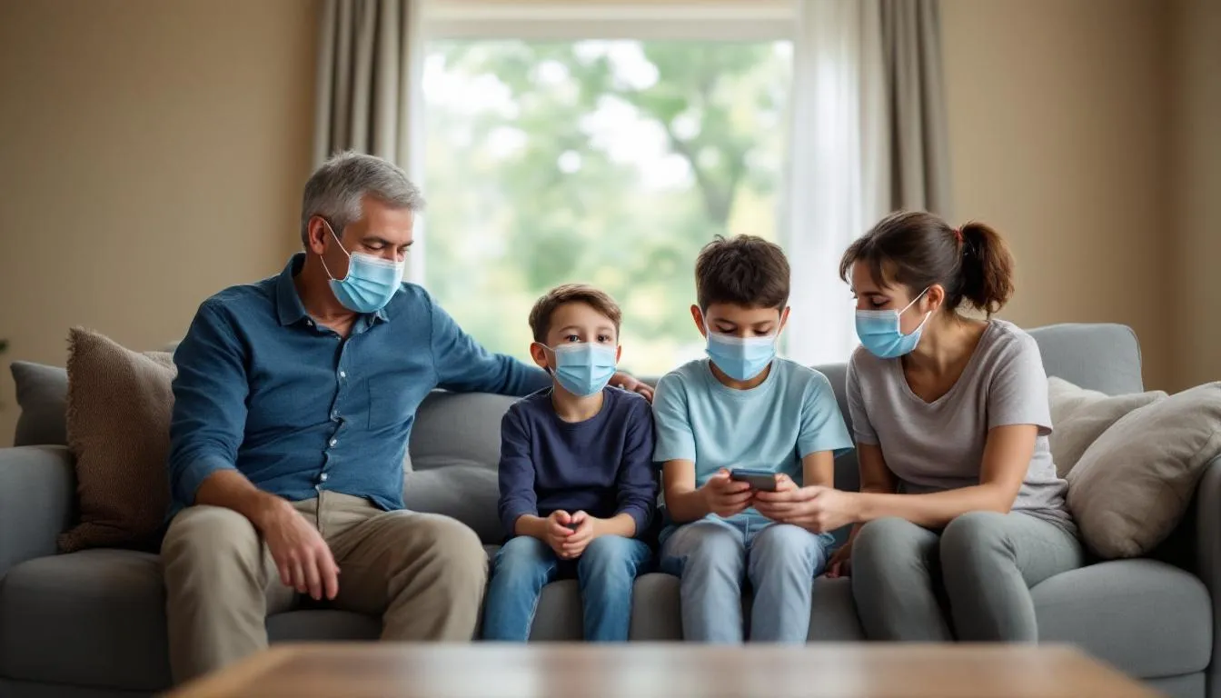 A family is practicing social distancing in their home while wearing masks as a precaution against respiratory infections like COVID-19. The scene emphasizes the importance of infection prevention and the use of personal protective equipment to reduce the risk of disease transmission through respiratory droplets.