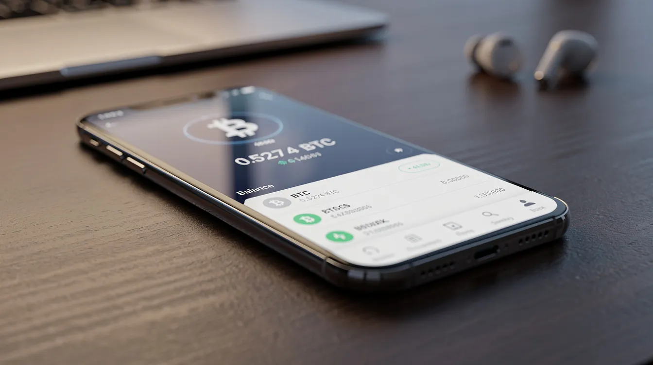 The image features a smartphone showcasing a cryptocurrency wallet app, prominently displaying a Bitcoin balance. This digital wallet is a key tool for managing Bitcoin transactions, often used by players in crypto casinos for online gambling.