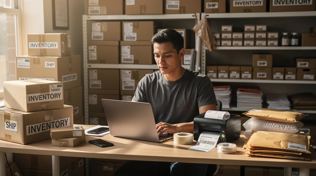 Eine Person sitzt an einem Schreibtisch, konzentriert auf einen Laptop und ist umgeben von Versandkartons und Inventarartikeln, was auf einen aktiven Verkauf bei eBay hindeutet. Der Arbeitsbereich spiegelt das organisierte Chaos bei der Verwaltung von Zahlungen und der Ausführung von Bestellungen wider, das für eBay-Verkäufer unerlässlich ist.