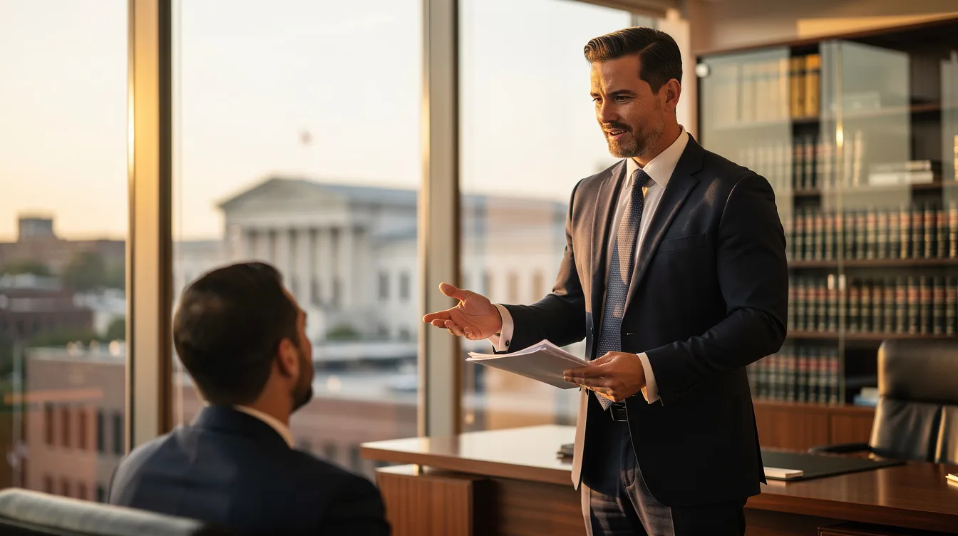 An attractive male criminal defense lawyer stands confidently in a modern Nashville law office, reviewing legal documents while engaging with a client. The professional atmosphere is enhanced by warm lighting and a subtle view of the Nashville skyline, reflecting the expertise of an experienced criminal defense attorney ready to provide legal support in the criminal justice system.