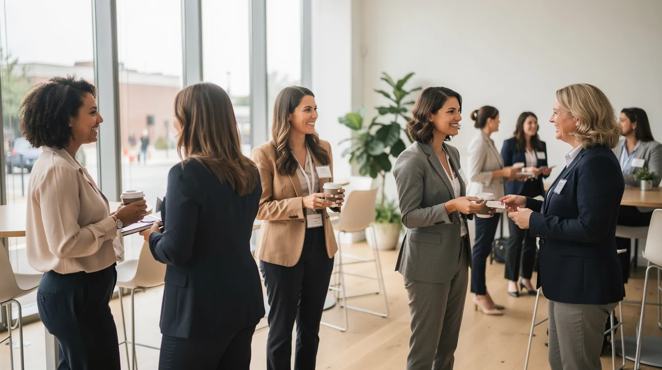 A group of professional women are engaged in networking and lively discussions at a bright, modern community event space, showcasing the spirit of women entrepreneurs and the importance of supporting women-owned businesses. The atmosphere is vibrant, reflecting collaboration and empowerment among attendees.
