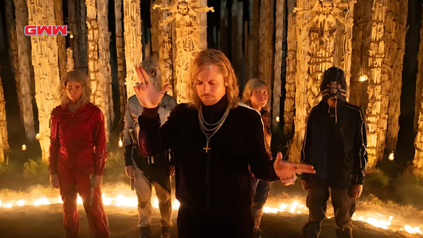 Jack O&rsquo;Connell as Jimmy Crystal leads cult members in ritual at the bone temple
