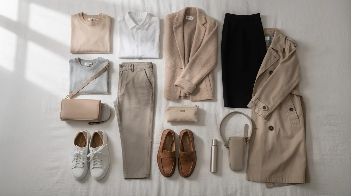 A flat lay of a capsule travel wardrobe is displayed on a bed, featuring coordinated neutral-colored clothing items and two versatile pairs of shoes. This packing light setup illustrates how to create multiple outfits while only using a carry on, making it ideal for travelers looking to save space and pack efficiently for their trip.