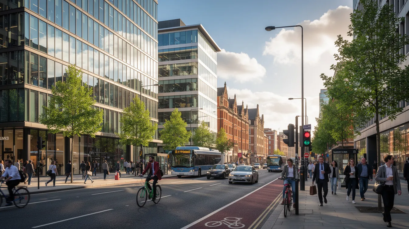 The image depicts a vibrant modern street in Dublin, featuring sleek glass office buildings and groups of pedestrians enjoying a sunny day. This bustling environment reflects the dynamic atmosphere of business in Ireland, where local enterprise offices support entrepreneurs in developing their business ideas and plans.