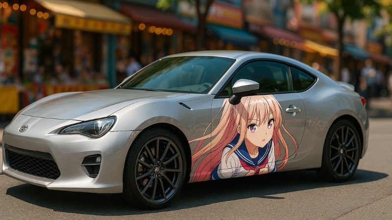 Car wraped in customized anime vinyl wrap