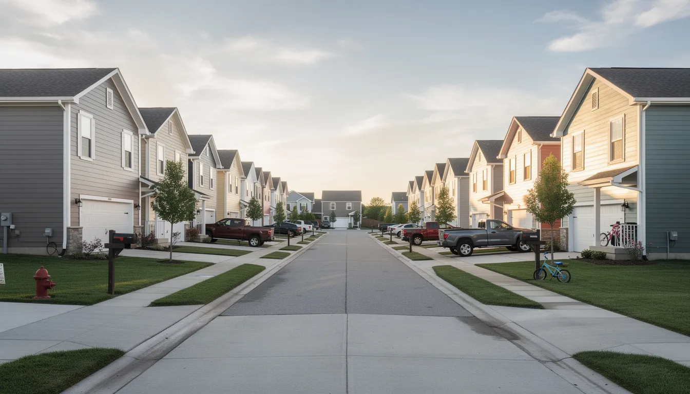 The image depicts a typical American neighborhood featuring several similar homes, all constructed with James Hardie siding, known for its durability and low maintenance. The houses showcase a clean, modern aesthetic with fiber cement siding that enhances their curb appeal while providing protection against weather events.