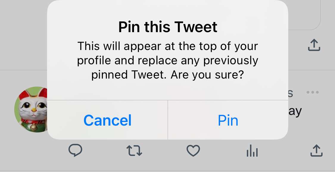 Screenshot of the process to pin a tweet