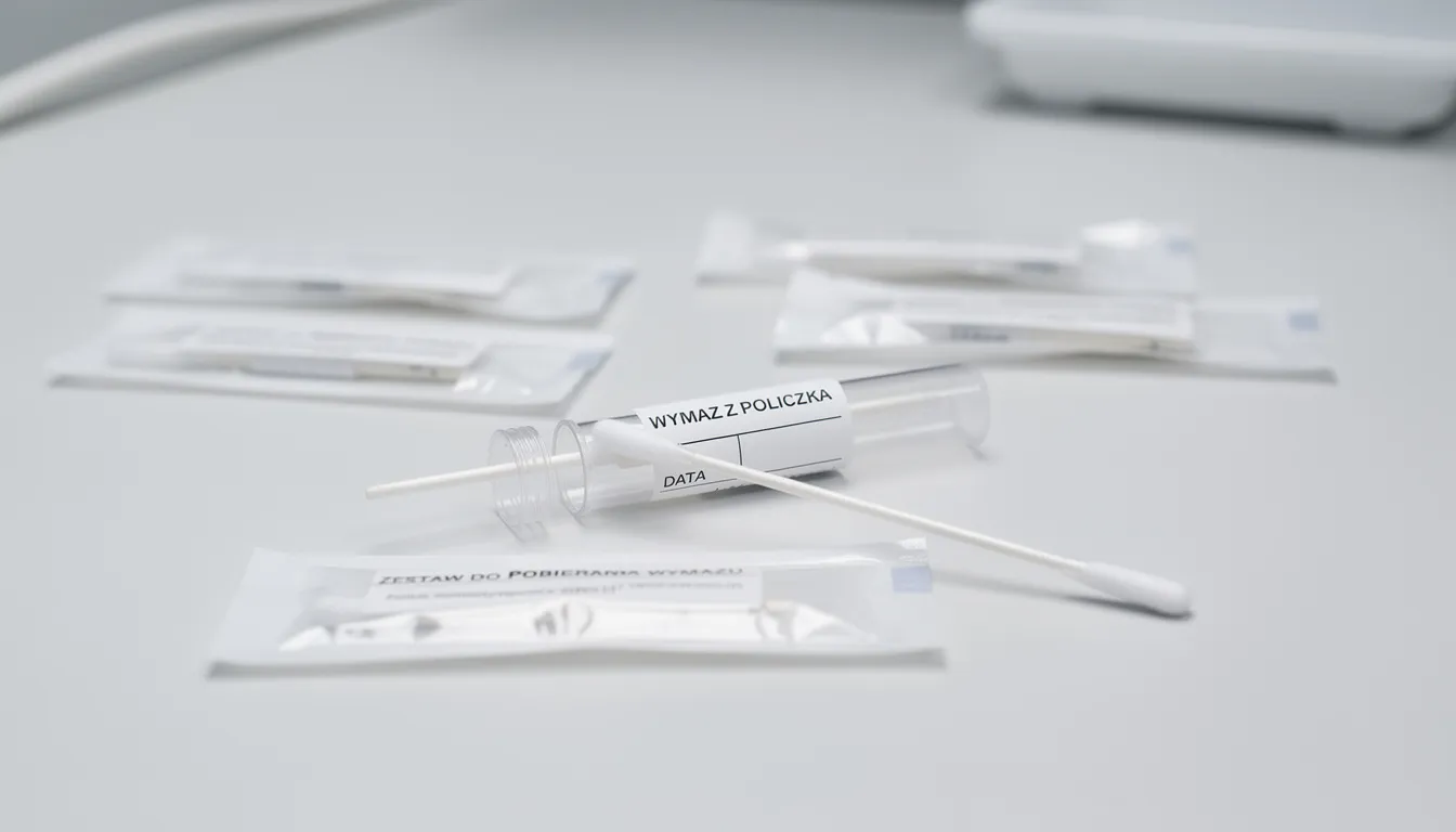 Na czystym blacie leży zestaw do pobierania wymazu z policzka, który może być wykorzystany w badaniach genetycznych, w tym do ustalenia przyczyny poronienia. Zestaw składa się z jałowego pojemnika oraz zwykłego patyczka kosmetycznego, co umożliwia łatwe dostarczenie próbki materiału genetycznego.