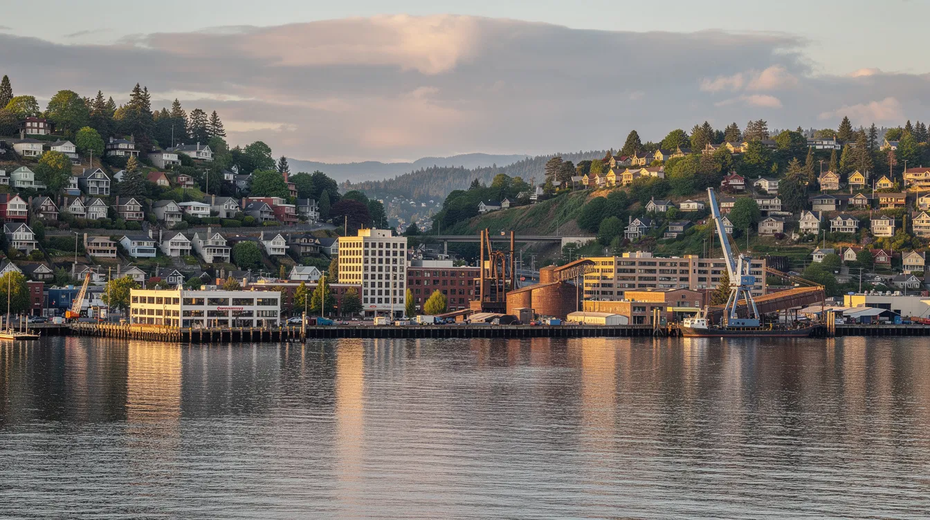 The image showcases the Tacoma waterfront cityscape, featuring residential neighborhoods nestled on the surrounding hillsides, with a vibrant blend of houses and greenery. This picturesque view highlights the community's charm, making it an ideal location for homeowners seeking reliable plumbing services in Tacoma, WA.