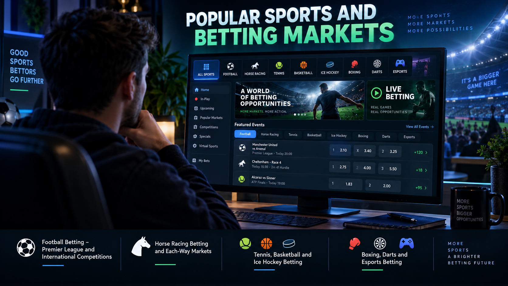 Person exploring sports betting markets, including football, horse racing, tennis, basketball, boxing, darts and esports.