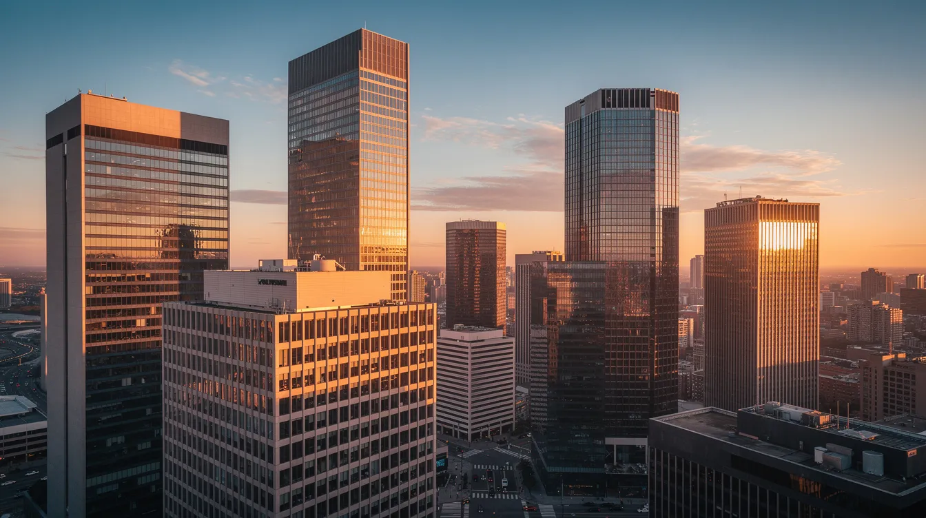 The image depicts a modern city skyline featuring tall glass office buildings that reflect the warm sunlight during the golden hour, creating a vibrant urban atmosphere. This scene symbolizes the dynamic nature of commercial banks in Nigeria, such as Access Bank and Zenith Bank, which offer a range of digital banking services for everyday transactions.