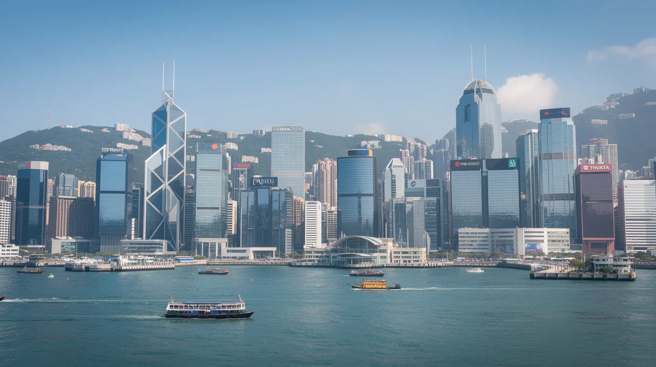The image depicts the Hong Kong financial district skyline during the daytime, showcasing a cluster of modern skyscrapers under a clear blue sky. This vibrant urban landscape represents a hub for financial activities, including private loans and low-interest rates offered by financial companies in the area.