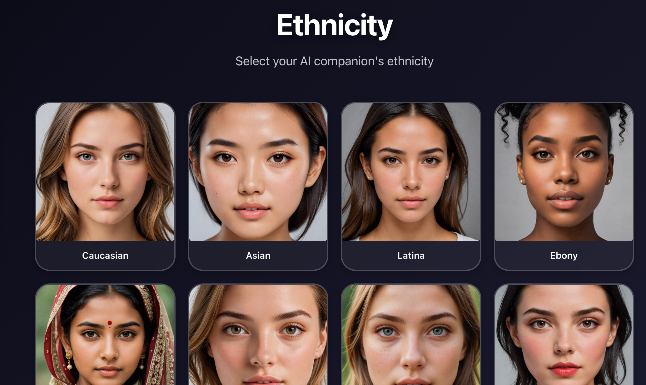 CamSoda.ai's AI character creation process, including choosing ethnicity