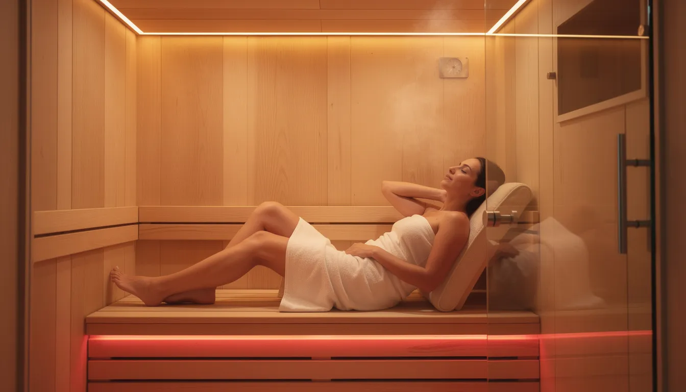A person is seen relaxing inside a modern wooden infrared sauna cabin, designed with ambient lighting that enhances the serene atmosphere. This low EMF sauna utilizes infrared technology to promote health benefits while minimizing exposure to electromagnetic fields, ensuring a safe and rejuvenating experience.