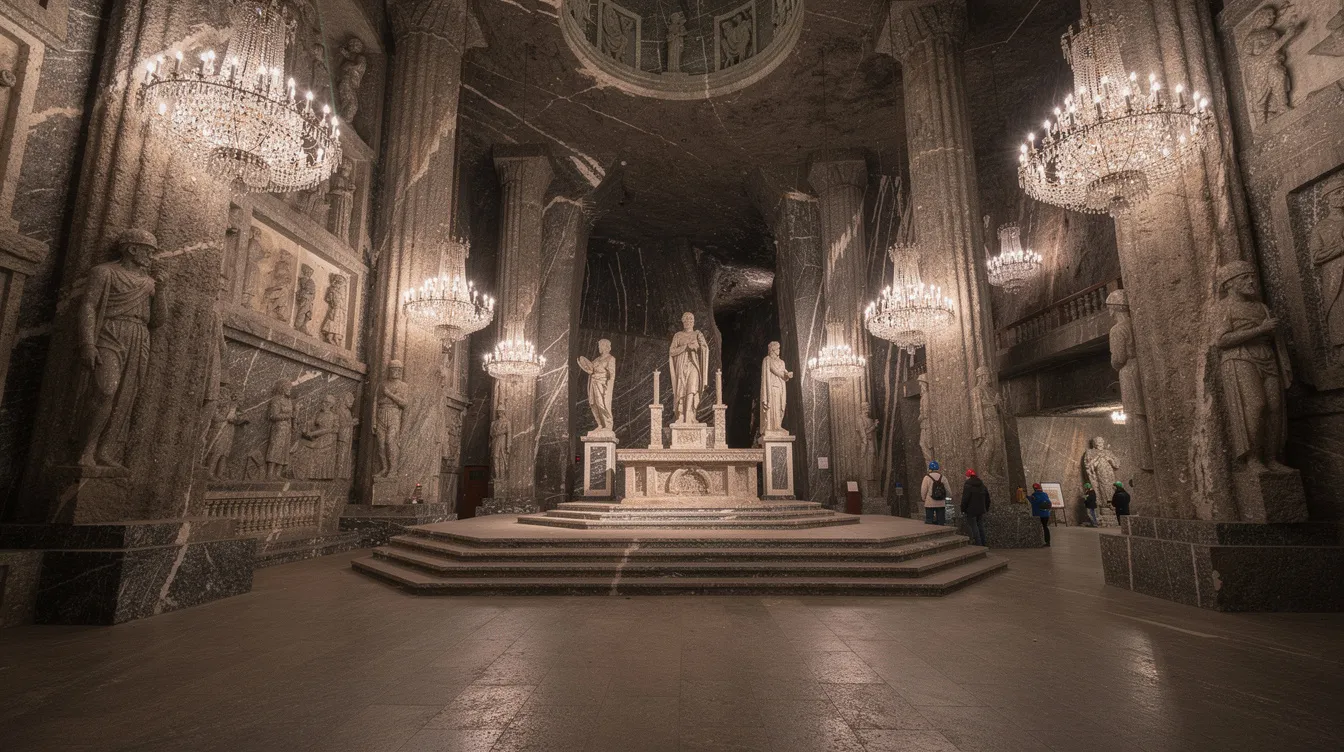 A imagem retrata as impressionantes Minas de Sal de Wieliczka, na Polônia, com suas câmaras subterrâneas, esculturas elaboradas em sal e a famosa Capela de Santa Kinga. Este Patrimônio Mundial da UNESCO é uma atração turística que encanta visitantes com sua rica história e beleza única.