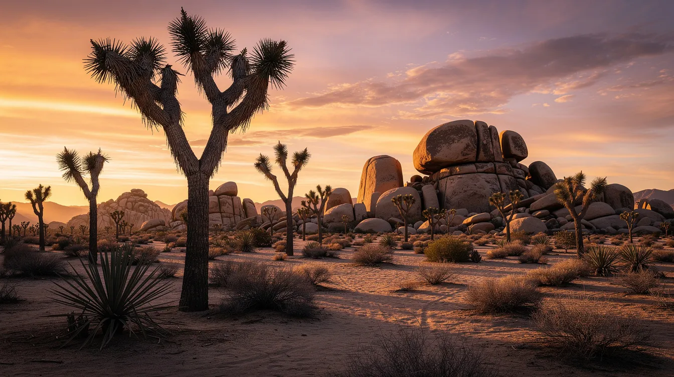 A stunning desert landscape at golden hour showcases silhouetted Joshua trees against a vibrant sky, with unique rock formations in the background, capturing the essence of Joshua Tree National Park. This picturesque scene is perfect for photography enthusiasts and nature lovers exploring the best hotels near Joshua Tree, offering expansive views and a tranquil atmosphere.
