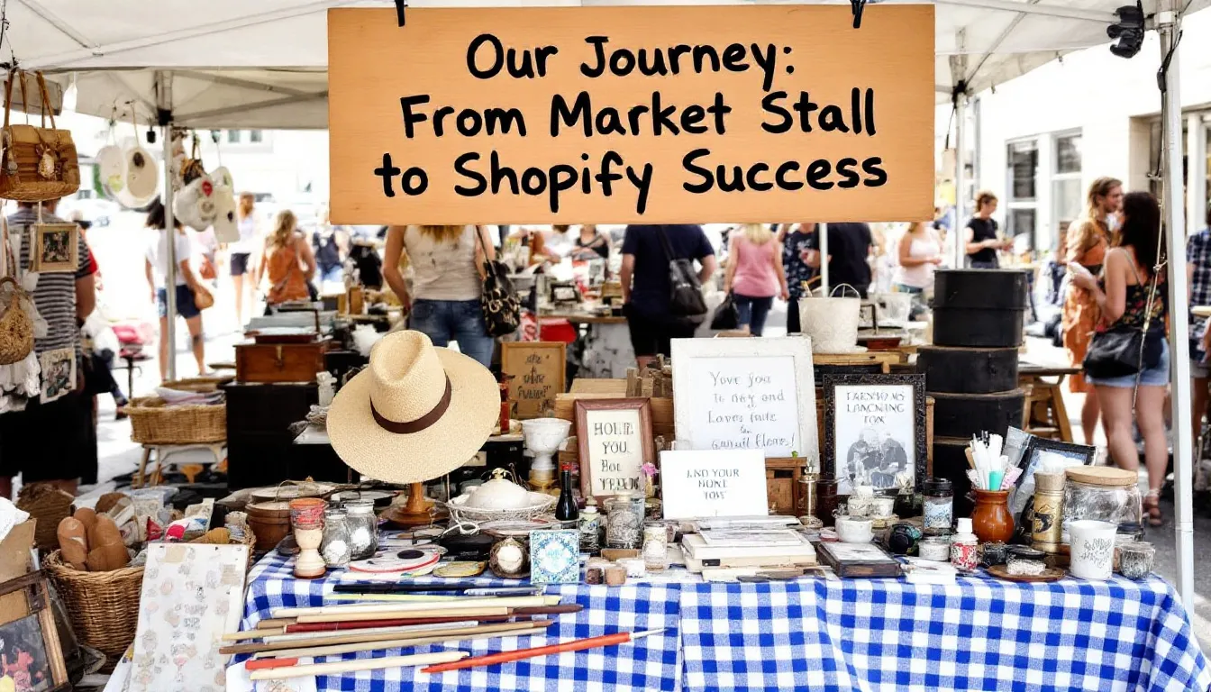 In the image, a vibrant market stall is depicted on the left, showcasing fresh produce and handmade goods, transitioning to a sleek, modern Shopify store on the right, illustrating the evolution of a small business from local sales to an online store. The visual highlights the journey of store owners leveraging the Shopify platform to attract customers and boost sales through effective marketing strategies and an appealing store design.