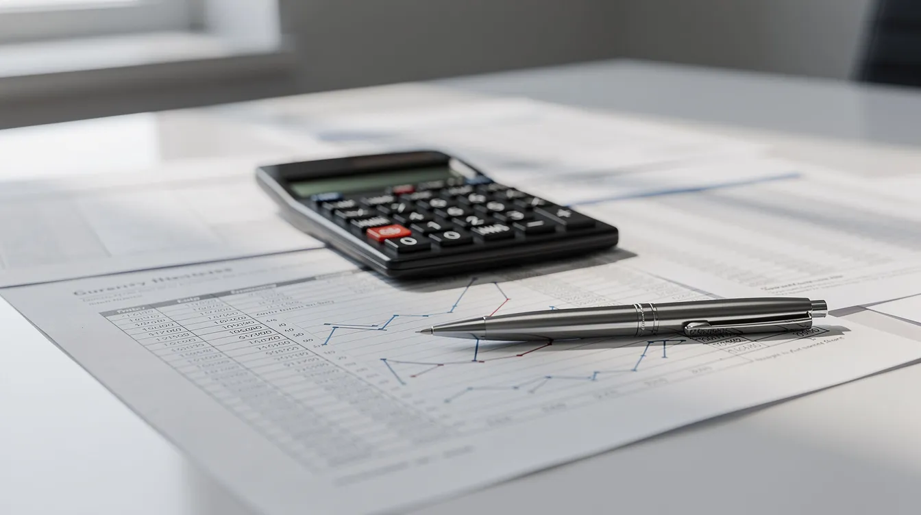 The image shows a calculator and a pen placed on top of financial statements scattered across an office desk, illustrating a scene of financial management and planning. This setup may relate to various financial concepts including 清 數, 結餘 轉 戶, and the assessment of one's 財務 狀況.