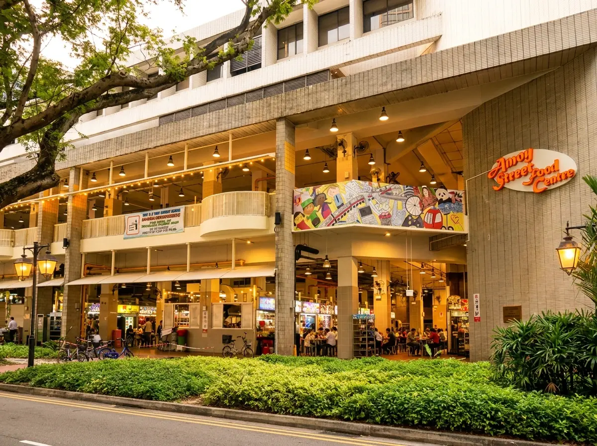 A street-level view of the Amoy Street Food Centre building in Singapore, showcasing illuminated food stalls on the ground floor, upper-level dining balconies with a colorful mural, and green landscaping along the road.