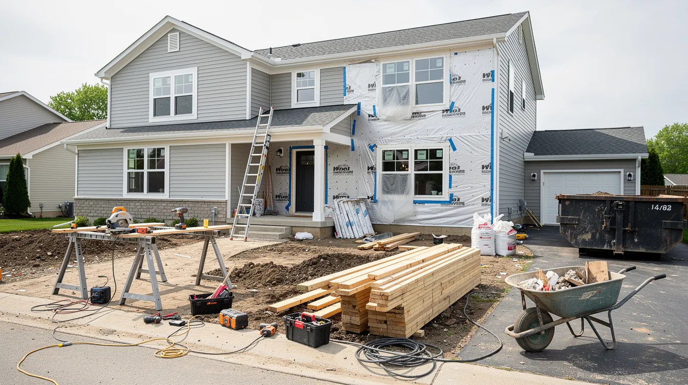 A residential property undergoing renovation, with various construction materials and tools scattered around, highlighting the ongoing home improvements. Homeowners often access home equity through a home equity line of credit (HELOC) to finance such renovations