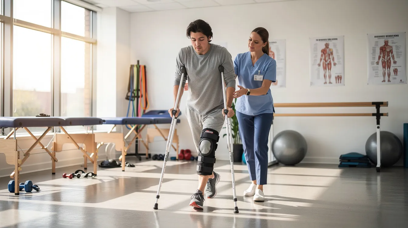A person using crutches is walking through a physical therapy clinic, indicating their recovery from a workplace injury. This setting reflects the journey of injured workers seeking medical treatment and rehabilitation, often associated with workers compensation benefits and the support of an experienced workers compensation attorney.