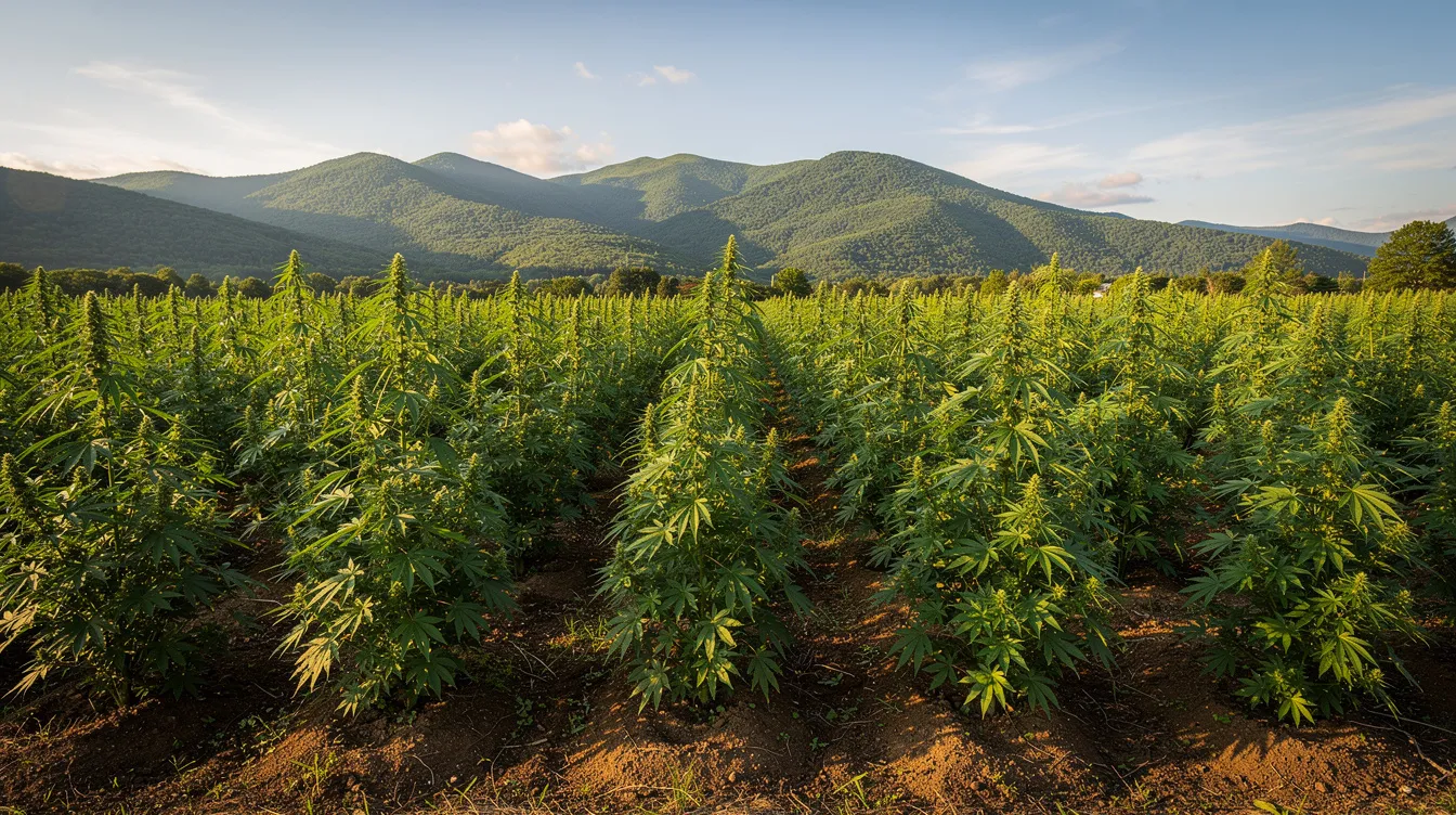The image features rows of mature hemp plants flourishing in a sunny Vermont farm field, with lush green mountains rising in the background. This scene highlights the state's commitment to legal hemp cultivation, in line with Vermont's cannabis laws and the federal law regarding federally legal hemp.