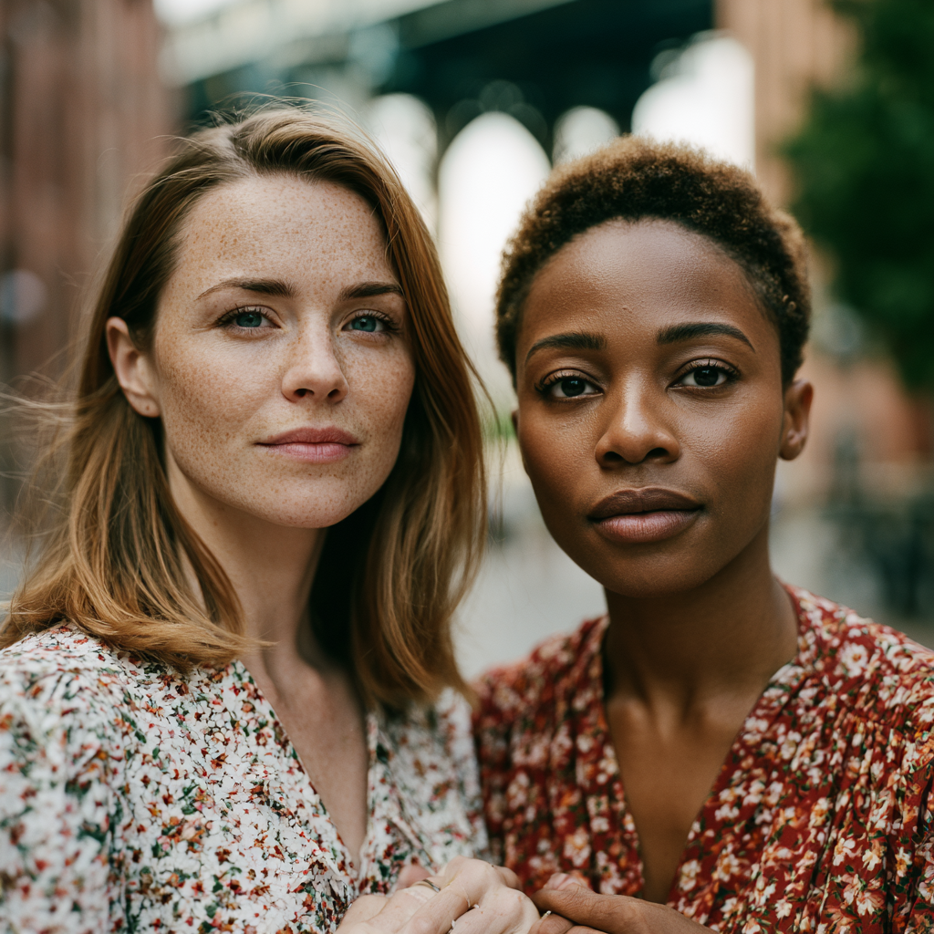 Female couple in a Brooklyn kitchen, one leaning on the counter while the other listens over coffee.