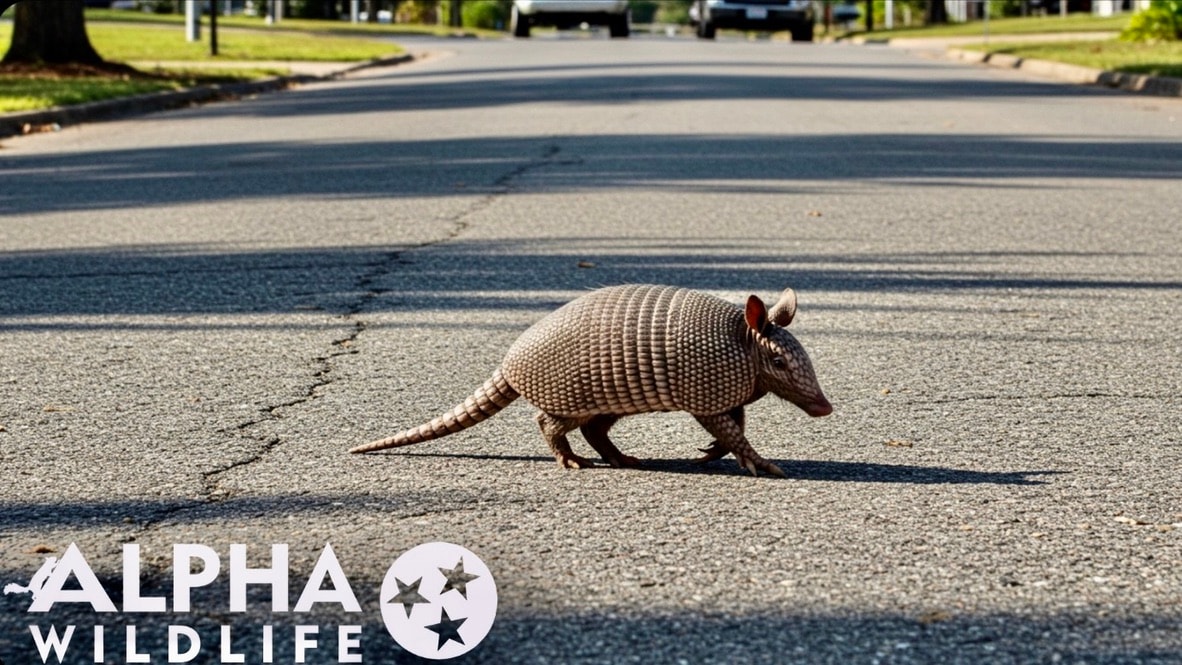 Armadillo crossing a busy street.